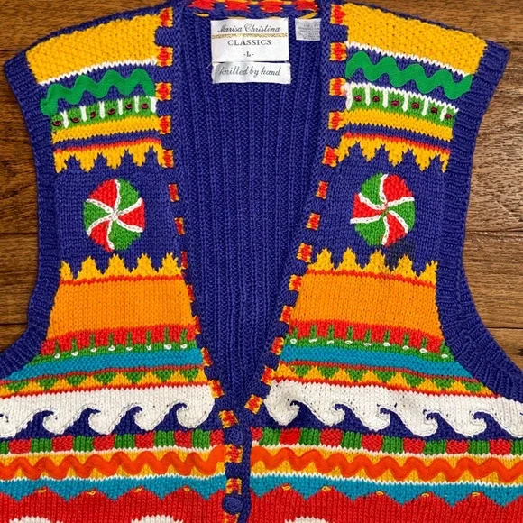 Marisa Christina ~ Large ~ Hand Knitted ~ Orange/Yellow/Blue ~ Ocean/Fish ~ Vest - Picture 5 of 16